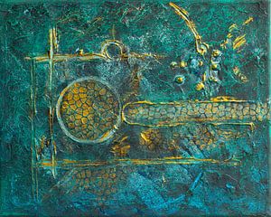 Abstract painting, green, blue and gold, Textures and Geometry