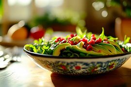 Variation de salades fraîches dans une vaisselle colorée sur Poster Art Shop