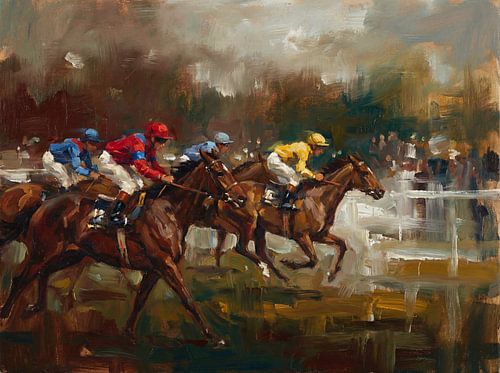 Dynamisch impressionistisch schilderij van een paardenrace