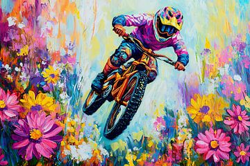 Kleurrijke mountainbiker tussen bloemen van Art & Soul Creations