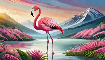 Flamingo staand in een meer met een berglandschap op de achtergrond van Animaflora PicsStock