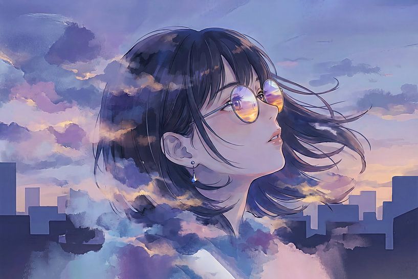 Anime Woman With Glasses, Sunset Reflection, Clouds, and Cityscape. by Markus Gann