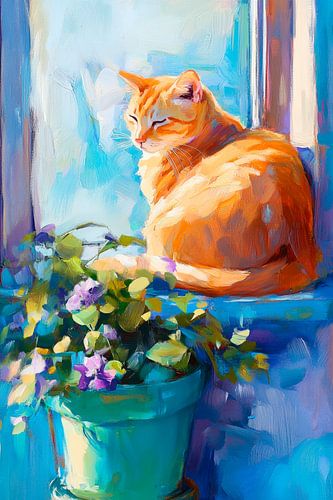 Sunny cat at the window with flowers