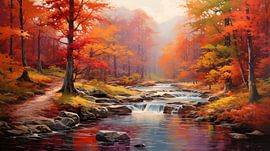 Herfstbos in veel felle kleuren met beekje, kunstontwerp