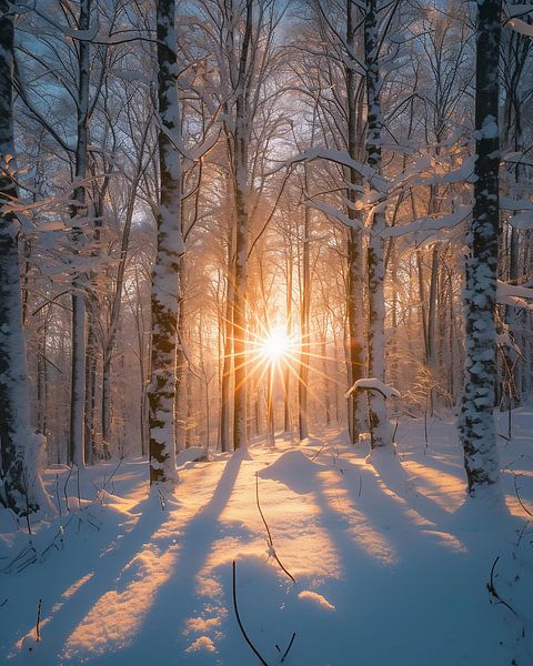 Magisch licht in het winterse bos van fernlichtsicht