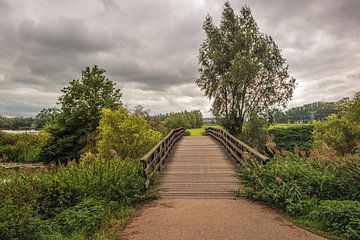 Einfache Holzbrücke über einen schmalen niederländischen Fluss