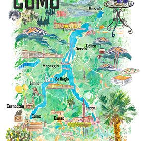 Lago di Como Illustrated travel map with roads and highlights in Italy by Markus Bleichner