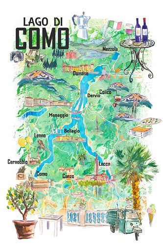 Lago di Como Illustrierte Reisekarte mit Straßen und Highlights in Italien