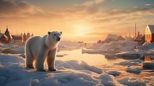 Eisbär bei einem Dorf am Nordpol mit Nebel auf dem kristallklaren Wasser und Eisbergen im Hintergrund des Sonnenuntergangs