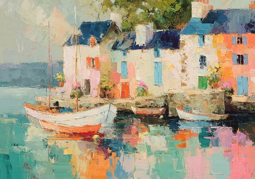A colourful coastal village with fishing boats