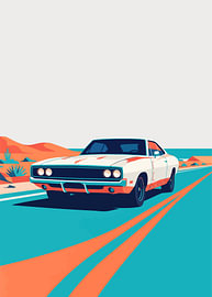 Weißer „Muscle Charger“ auf einer Wüstenstraße – flache Vektorillustration von Adam Khabibi