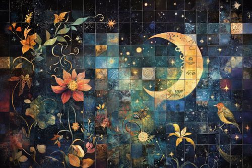 Retro tegels met bloemmotieven, vogels en de maan