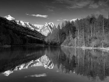 Black and white reflection of the Zugspitze on Riessersee