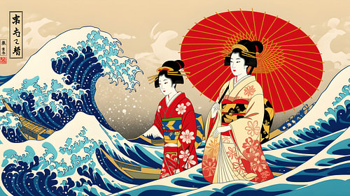 Moderne japanische Kunst: Geishas in den Wellen