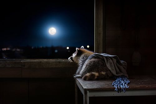 Serene Wasbeer in het Maanlicht: Ontspannen Moment op een Houten Tafel