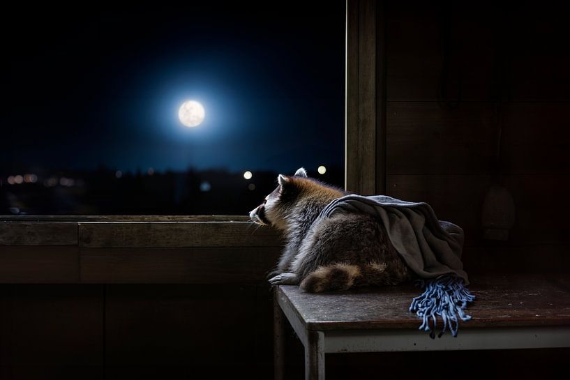 Serene Raccoon in the Moonlight: Relaxed Moment on a Wooden Table by Elianne van Turennout