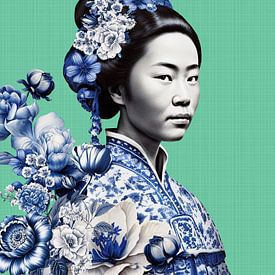 Japanische Frau in Delftware auf grünem Hintergrund, moderne Variante eines Geisha-Porträts von Mijke Konijn