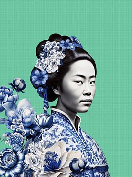Japanische Frau in Delftware auf grünem Hintergrund, moderne Variante eines Geisha-Porträts von Mijke Konijn