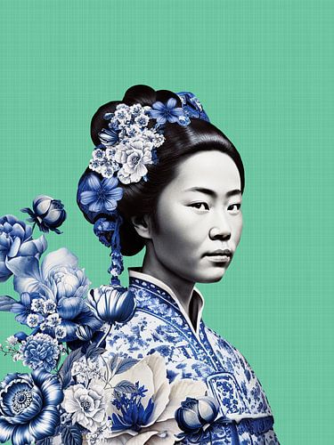 Femme japonaise en Delftware sur fond vert, variation moderne d'un portrait de Geisha sur Mijke Konijn