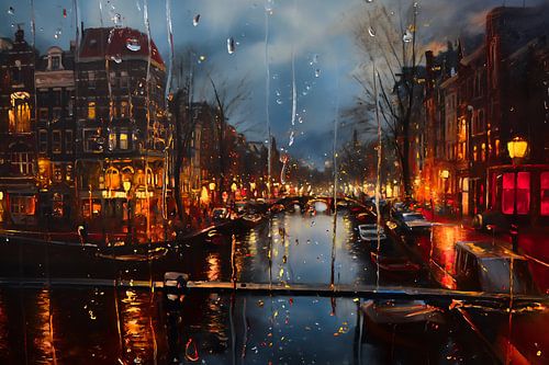 Impressionistische Grachten bij Regen op een Herfstavond