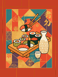 Kulinarische Kunst: Japanisches Sushi und Sake in einem farbenfrohen geometrischen Design