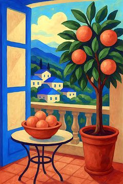 Mediterraans balkon met sinaasappels schilderij. van Johannes