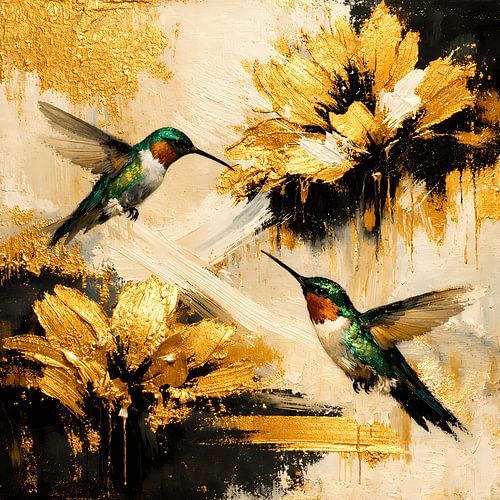Golden Nectar Dance – Kolibries bij abstracte gouden bloemen