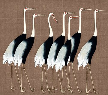 Japan cranes on beige brown by Mad Dog Art