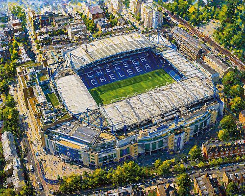 Schilderij van het voetbalstadion Stamford Bridge van Chelsea in Londen.
