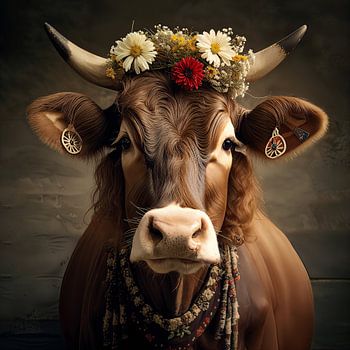 Kuh “Curly” mit Kopfschmuck aus Blumen