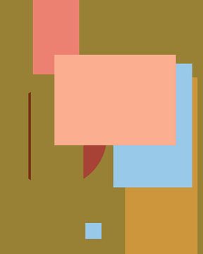 Geometric retro color blocks in salmon pink, light blue, ocher yellow, red and olive green by Dina Dankers