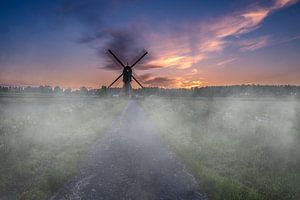 Die Zandwijker Mühle in Uppel im Nebel und bei schönem Sonnenuntergang