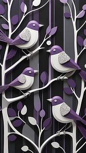 Oiseaux violets dans un motif abstrait