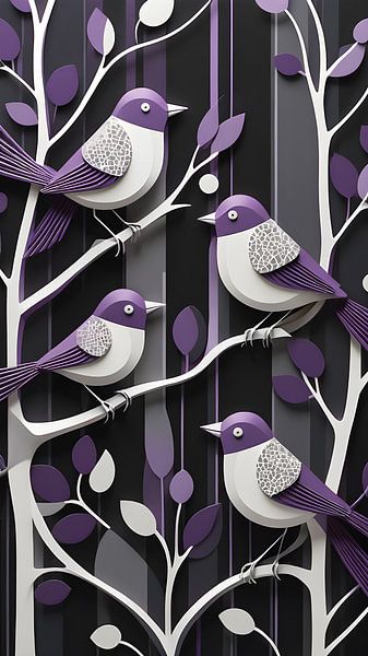 Purple birds in abstract pattern by Bart Veeken