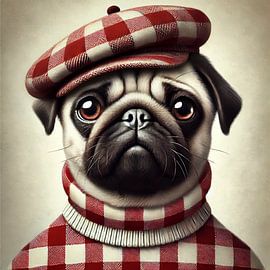 Pug with red and white checkered cap by Marijke Trienekens