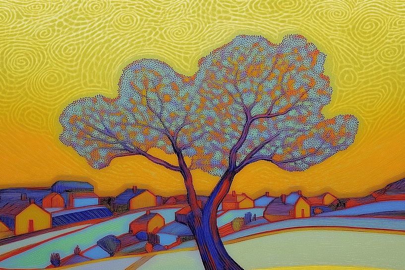Kleurrijke boom in pointillistische stijl van Ton Kuijpers