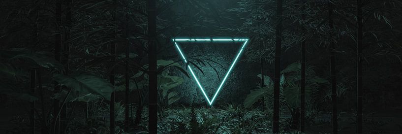 cadre triangulaire inversé en lumière néon entouré de plantes et d'arbres tropicaux par Besa Art