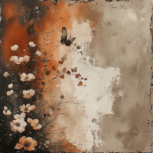 Ein abstraktes, minimalistische Kunstwerk in Rostbraun mit Schmetterling im Wabi-Sabi-Stil.