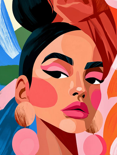 Une toile haute en couleur | Portrait moderne de femme dans les tons roses, rouges et bleus