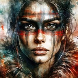 Warrior Woman War Paint Watercolor Portrait by Chromatic Fusion Studio