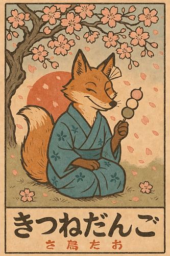 Kersenbloesem vos met dango - Retro Japan illustratie