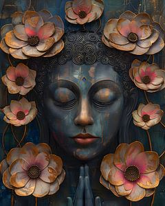 Uralter Buddha zwischen Blumen