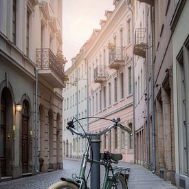 Altes Fahrrad in einer ruhigen deutschen Straße mit alten Wohnhäusern geparkt von Animaflora PicsStock