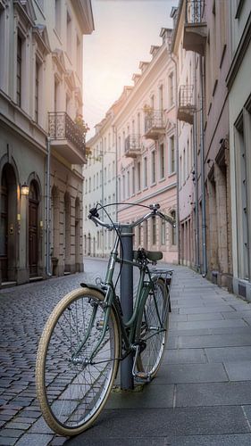 Altes Fahrrad in einer ruhigen deutschen Straße mit alten Wohnhäusern geparkt von Animaflora PicsStock