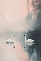 Two swans in misty landscape