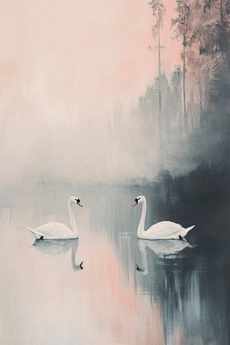 Twee zwanen in mistlandschap