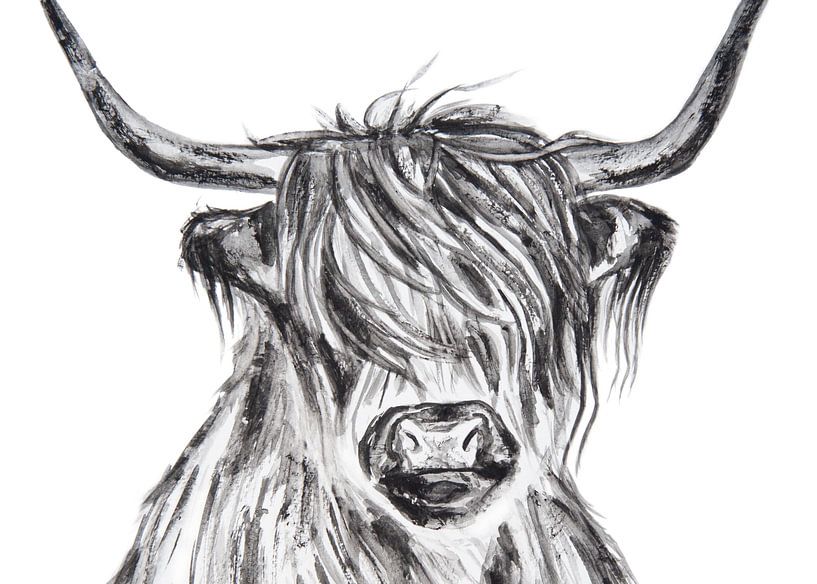 Schottischer Highlander Aquarell in Schwarz und Weiß von Bianca ter Riet