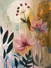 Modernes und farbenfrohes Stilleben mit Blumen im japanischen Stil von Japandi Art Studio