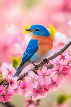 Prachtige vogel op een bloeiende tak van Poster Art Shop