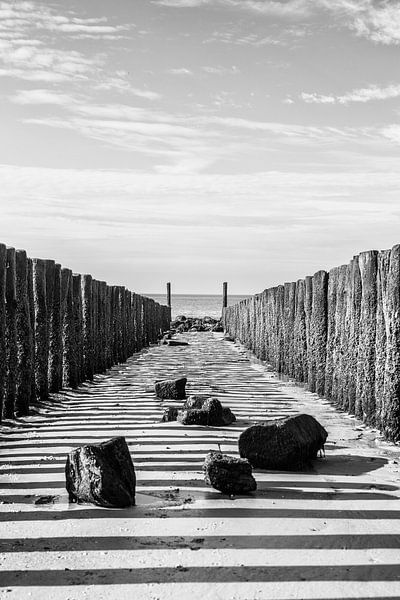 Pile row with stones on the beach in Zoutelande (black and white) by Fotografie Jeronimo